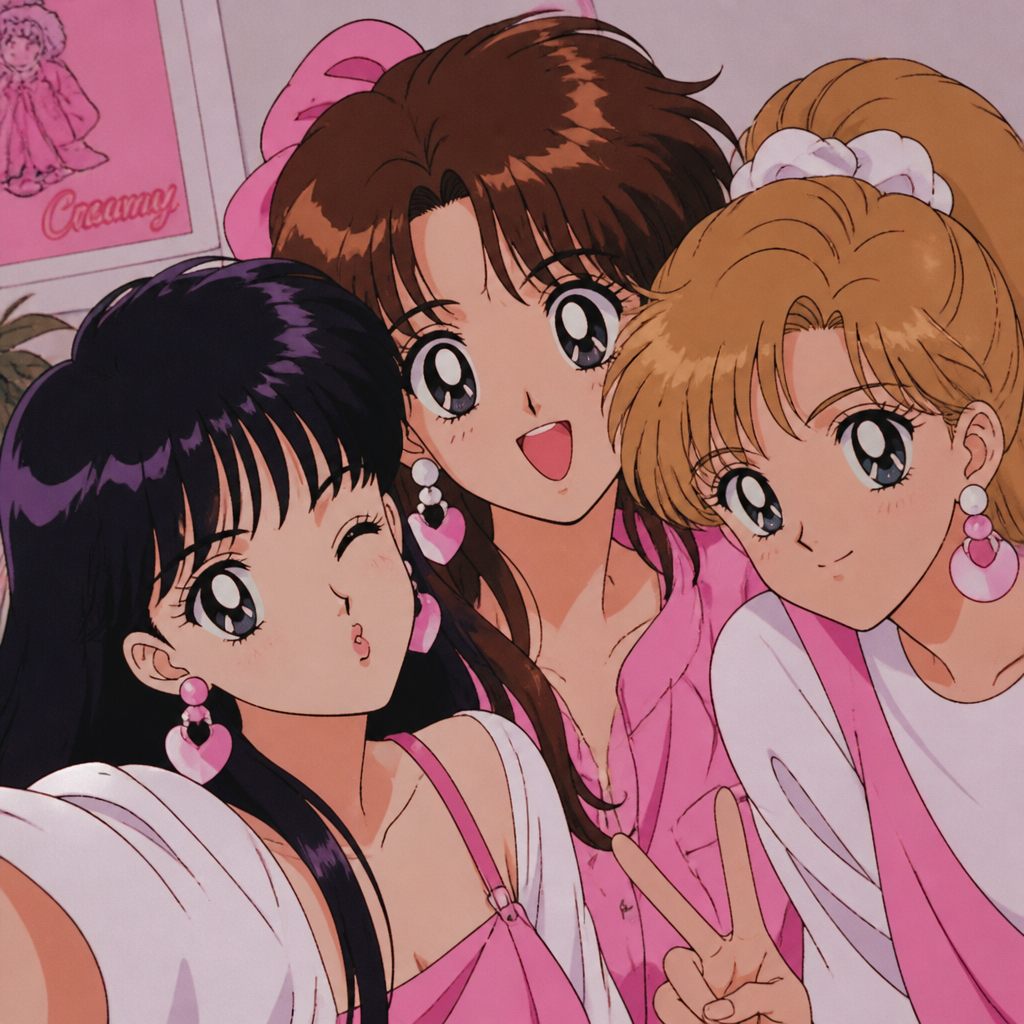 Anime girls earrings 90s anime pink and white 3 girls selfie