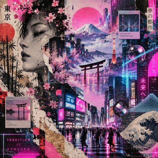 Abstract modern Japanese art painting, bold contemporary mixed-media style, blending traditional Japanese aesthetics with hyper-modern Tokyo cityscape.

Dense layered collage of torn paper, ink washes, and digital glitches. Soft zen serenity mixed with electric energy.

Elements: abstract reinterpretations of Tokyo neon streets, glowing skyscrapers, Shibuya crossing silhouettes, cyberpunk Tokyo skyline at night, Mount Fuji faintly visible through haze, floating torii gates, blooming sakura petals turning into digital particles, bamboo forests dissolving into neon grids.

Heavy 80s vaporwave + cyber-futurism influence: dominant hot pink, electric cyan, deep magenta and purple neon glows, retro-futuristic grid floors, holographic chrome geometric shapes, glitch distortions, retro computer windows floating, kinetic neon wireframes.

Abstract composition: fluid ink-wash brushstrokes merging with sharp digital fragments, asymmetrical balance, meditative negative space, soft glowing light leaks, film grain, depth and atmospheric haze.

Ultra-detailed modern art piece, museum-quality abstract painting, cinematic lighting, rich textures of paper, ink, metal and light.