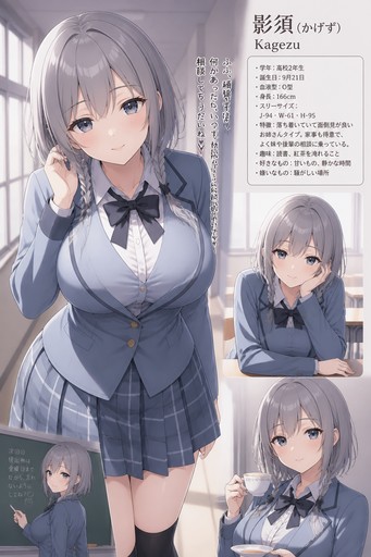 ((To Love Ru style)) Kagezu is a Delicate adult girl, Older sister type, gray hair(two short braids), blue-gray eyes, school outfit(blue-gray,with jacet), body type J