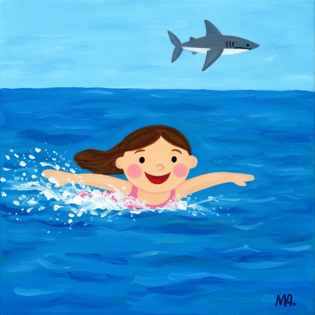 A girl swimming in the ocean with a shark