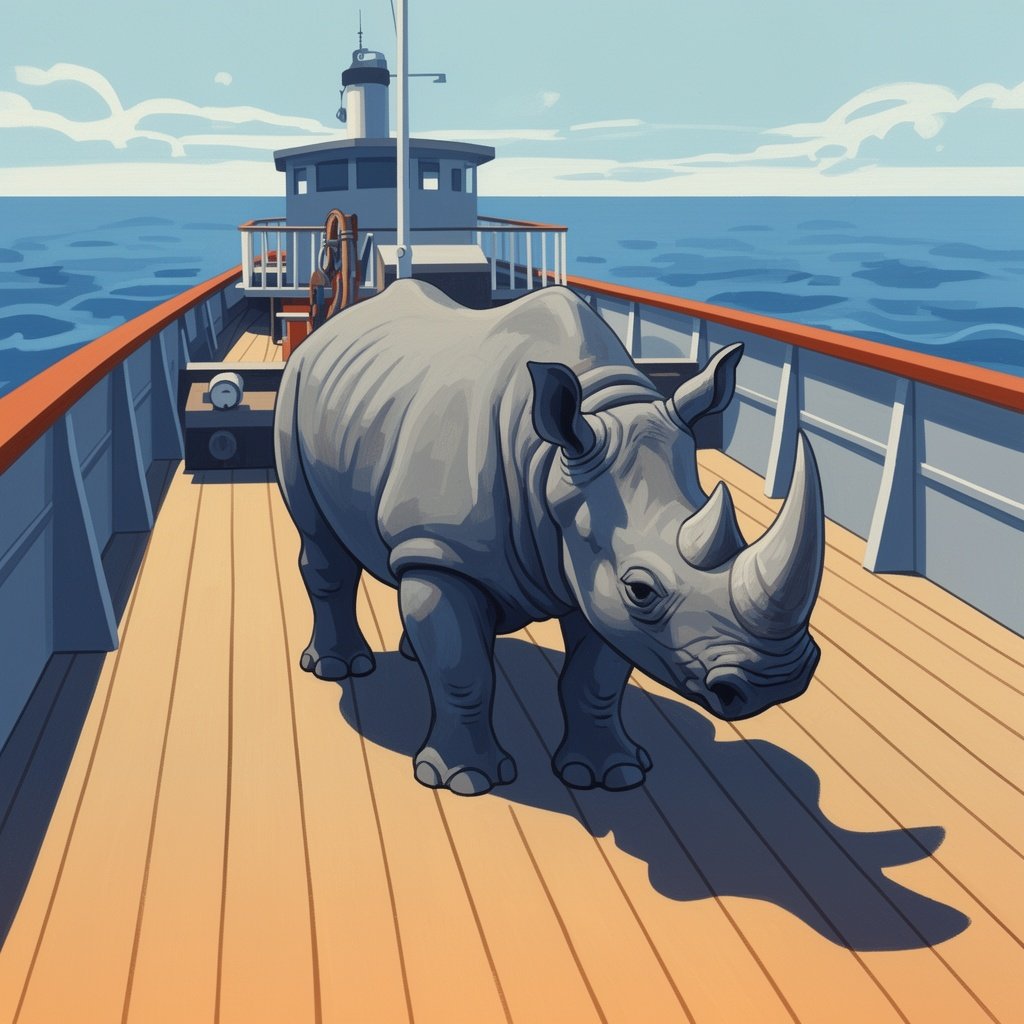 A rhinoceros on the deck of a vessel ship