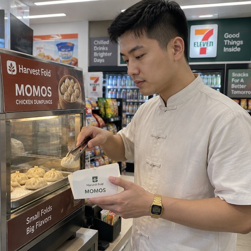 a Chinese man with Chinese haircut wearing mandarin collar shirt and Casio men's gold wristwatch in a convenience store at a harvest fold momos chicken dumplings