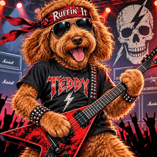 Super cool heavy metal reddish blonde female labradoodle thrashing electric guitar. Rock n roll T-shirt reads: TEDDY; headband reads: Ruffin’ It.   Modern pop art, high resolution.
