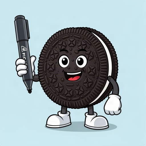 Oreo cookie cartoon holding a 
pilot marker