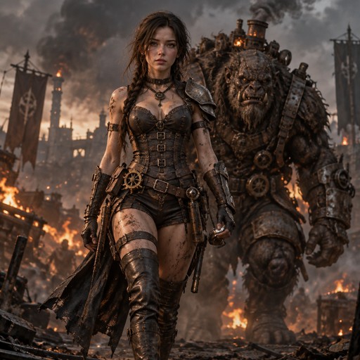 cinematic full-body shot of a steampunk female warrior walking forward, wearing detailed dark leather corset armor with metal shoulder plates, belts, gadgets, and mechanical accessories, thigh-high boots, fingerless gloves, dirty skin, battle-worn look, confident and calm expression, wind-blown hair
behind her stands a massive beast-like creature (troll/ogre), muscular, covered in fur and mechanical armor parts, with smoke rising from its head, glowing embers in the air, dark fantasy atmosphere
background: smoky battlefield, fire, ash, cinematic lighting, depth of field, dramatic composition, ultra-detailed, sharp focus, 8k, realistic textures
REPLACE the woman's face, hair, and body with the reference image subject while preserving her exact facial features, hairstyle, proportions, and identity
photorealistic, high detail skin texture, natural lighting, volumetric smoke, epic composition