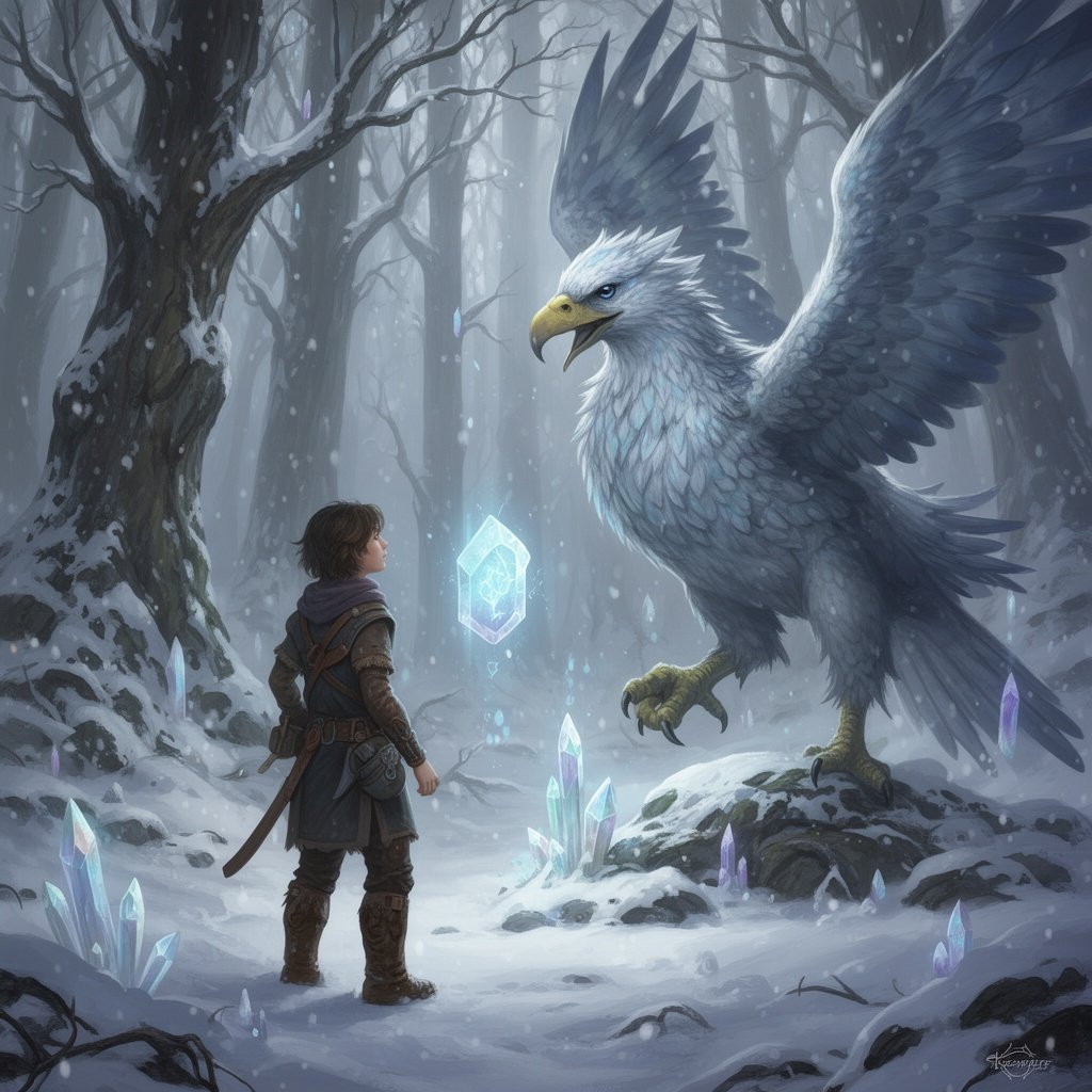 A boy encountering a griffin in a snowy forest