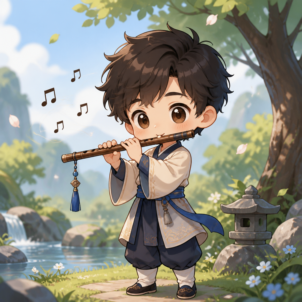 A boy playing a flute