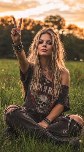 A person sitting in grass, raising a peace sign in warm sunset light.