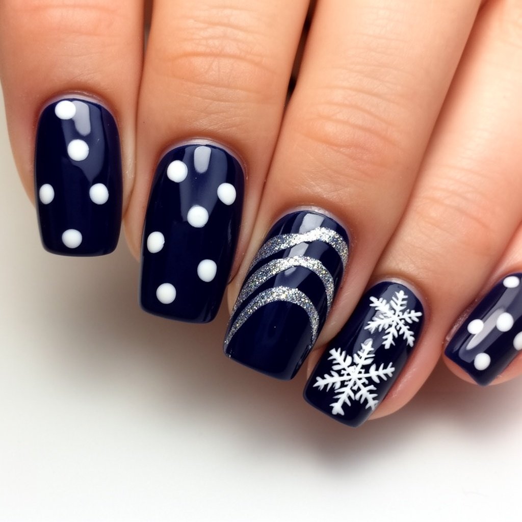 I need you to draw me a nail design. The clean color is navy blue, and there are polka dots on the first, third, and last nail. And the one beside the thumb, I want two lines, silver, silver glitter lines, just two lines that are like, I don't know how to tell you, but not straight, but not horizontal or vertical, like in the middle of them, and two, and a bit big, but not too big. And on the fourth one, I want two snowflakes that are medium-sized, and one in the bottom left, and one in the middle right.