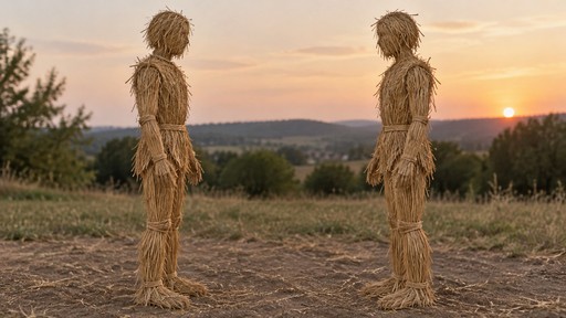 Two human-like figures, made from straw, standing on the ground, facing each other.