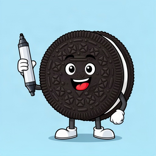 Oreo cookie cartoon holding a marker
