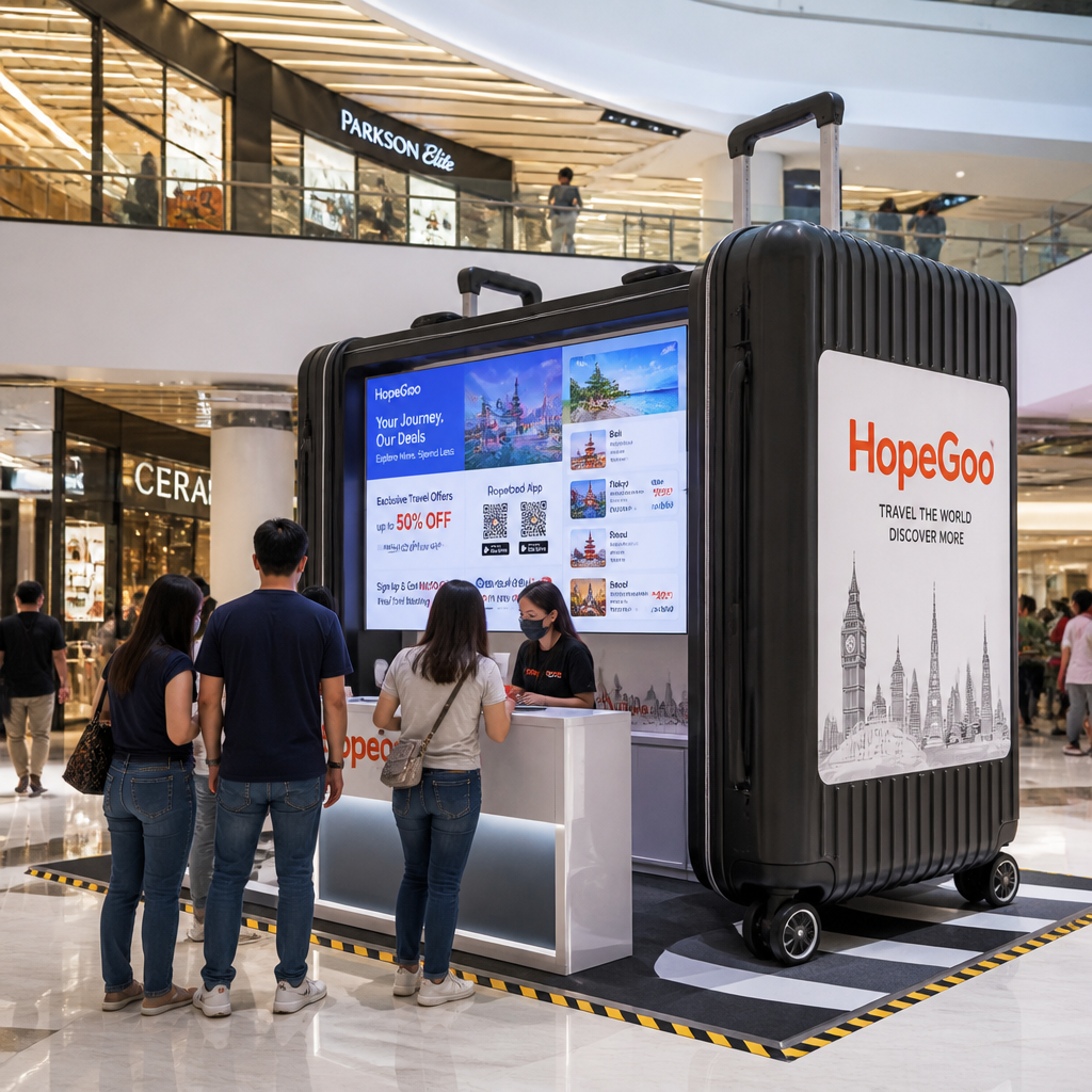Realistic mall activation booth in a Malaysian shopping mall, designed as a large premium travel suitcase branded HopeGoo. The booth is moderately sized and suitable for mall atrium placement. The suitcase design is clean and modern with LED branding panels and simple travel-themed visuals. One side of the suitcase opens to reveal a basic interactive digital screen showing travel packages, app registration QR codes, and promotional offers. People casually walking by and interacting with staff. Natural lighting from mall ceiling, realistic commercial event setup, practical construction style, not futuristic, 4K, wide angle photography style.