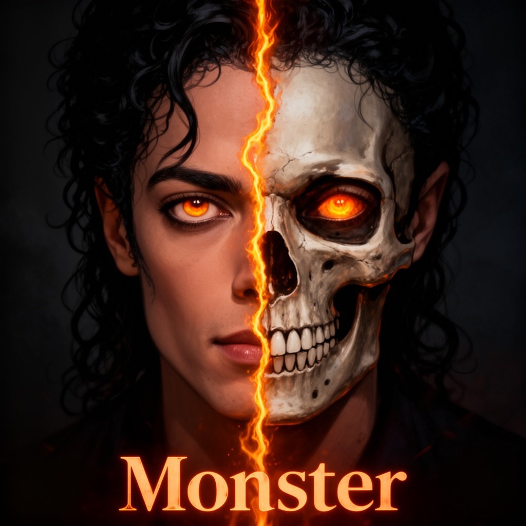 A face split vertically, half human michael jackson faces and half skull faces. split vertically down the middle by a glowing, fiery line , have intense, piercing orange or amber-colored eyes that seem to glow against the dark background.The overall tone is dark and dramatic. The use of the writing "Monster" look like posters art inked Quality: high Type background: Exterior