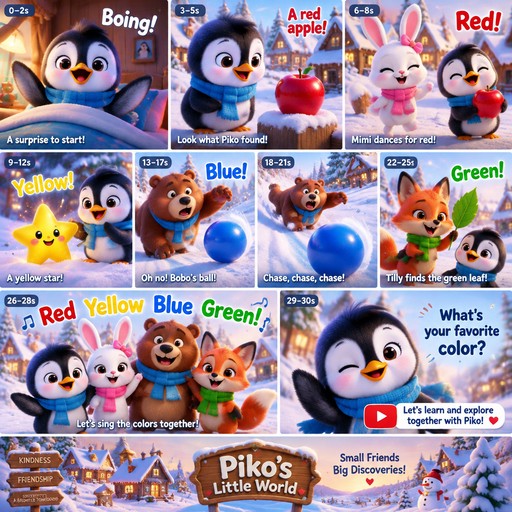 **PROJECT: PIKO'S LITTLE WORLD — ORIGINAL PRESCHOOL ANIMATION SERIES**

Create a high-quality, colorful 3D animated series for children ages 2–5, designed for YouTube Shorts and eventually longer YouTube episodes.

**Main character:**
Piko is an adorable little penguin who lives in a magical, snowy village filled with friendly animals. Piko has big expressive eyes, a tiny orange beak, soft fluffy-looking feathers, a little blue scarf, and an energetic, curious personality. Create an original character design that is recognizable and consistent in every scene.

**Supporting characters:**
- Mimi the Bunny: playful, kind, and loves dancing.
- Bobo the Bear: funny, clumsy, and always learning new things.
- Tilly the Fox: creative, curious, and loves solving puzzles.

**Visual style:**
Beautiful polished 3D preschool animation, soft rounded shapes, vibrant colors, warm cinematic lighting, expressive facial animations, smooth movement, colorful environments, playful camera angles, and appealing character expressions. Create original designs, environments, melodies, and stories.

**Episode concept:**
The first episode is called “Piko Learns the Colors!”

Piko wakes up in his cozy little house and discovers colorful objects throughout the village. He finds a red apple, a yellow star-shaped toy, a blue ball, and a green leaf. Each discovery introduces a color through a fun, repetitive original song.

Mimi dances when Piko finds something red. Bobo accidentally rolls the blue ball down a little hill, creating a funny chase. Tilly helps everyone find the green leaf.

At the end, all four friends sing a short, cheerful song reviewing the colors together and invite the audience to identify their favorite color.

**Structure:**
1. First 1–2 seconds: a funny, surprising visual that immediately catches children's attention.
2. Seconds 3–8: introduce the colorful problem or discovery.
3. Seconds 9–25: use funny actions, dancing, repetition, and an original educational song.
4. Secon