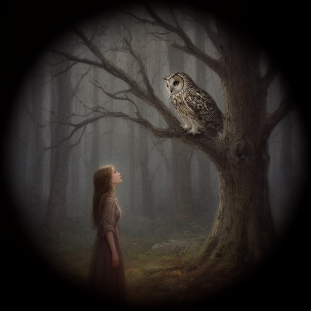 A girl meeting an owl in a tree in a dark forest