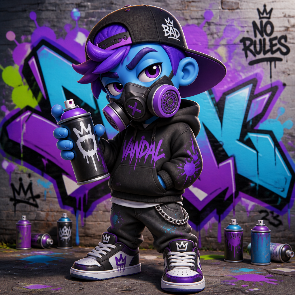 3d Graffiti kid blue skin with purple hair with a backwards cap wearing a filtered mask with a spray can