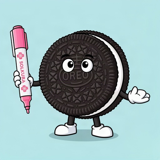 Oreo cookie cartoon holding a Sakura solid marker
