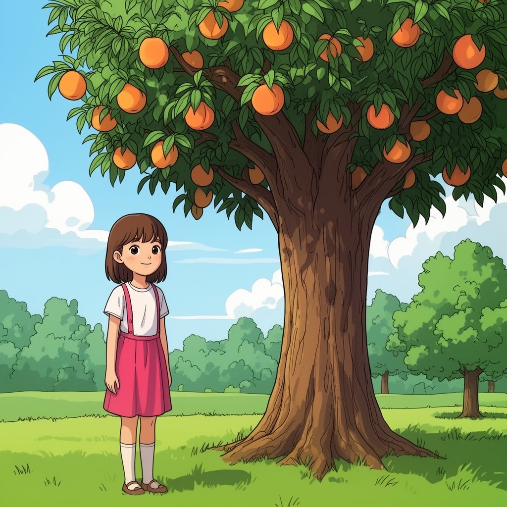 A girl standing near a peach tree