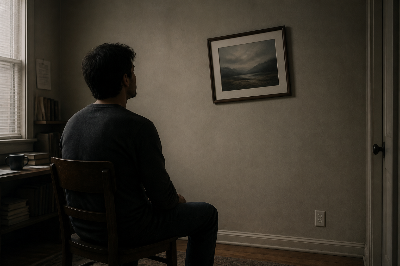 A man is sitting on the chair in the small room. He is looking at the picture hanging on the wall. The picture is a little bit crooked.