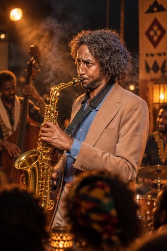 A person plays a saxophone in a warmly lit jazz club with an audience.