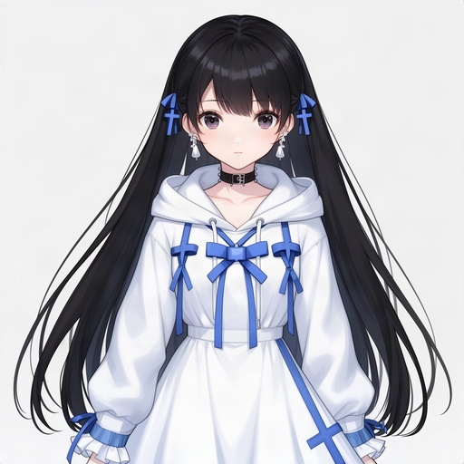 Anime girl white dress blue cross ribbons long black hair hoodie choker earrings 
