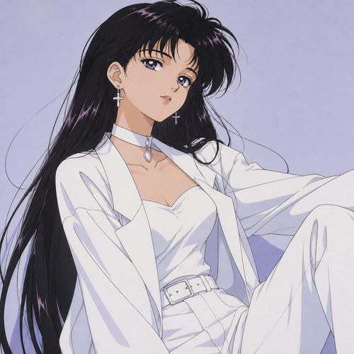 Anime girl choker earrings illustration long hair all white outfit anime style illustration vibes 90s anime 