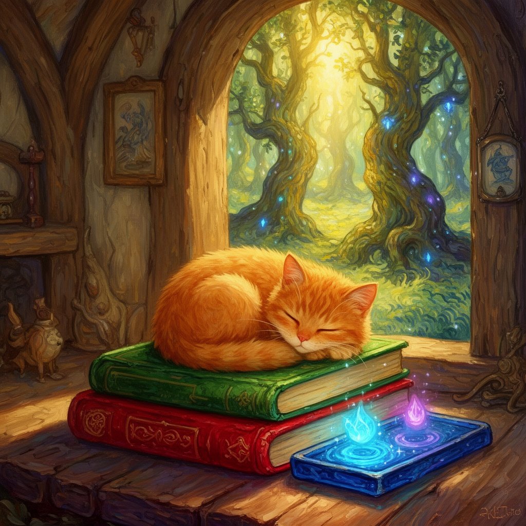 A cute orange cat in a Van Gogh type of way sleeping tummy down on the right on top of a green book, red book, and blue from top to bottom inside a house with the outside with trees and sun