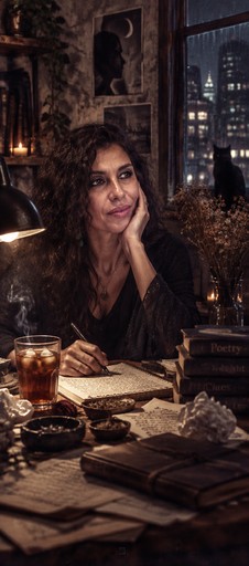 A person writing by candlelight in a richly detailed, dark-toned study.
