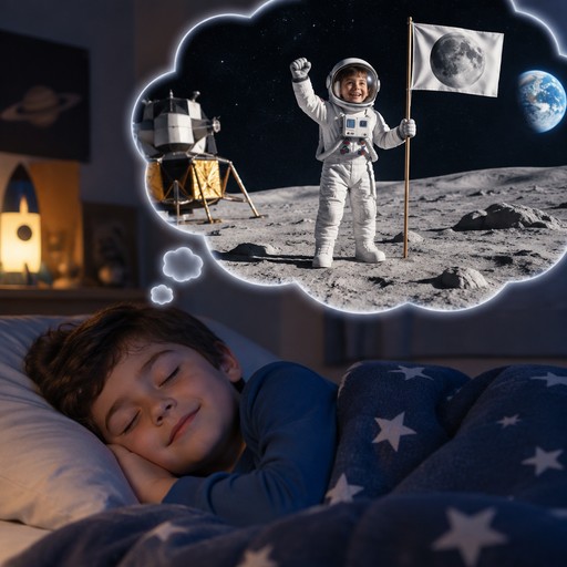 creame a un niño soñando y esta en la llegada a la luna