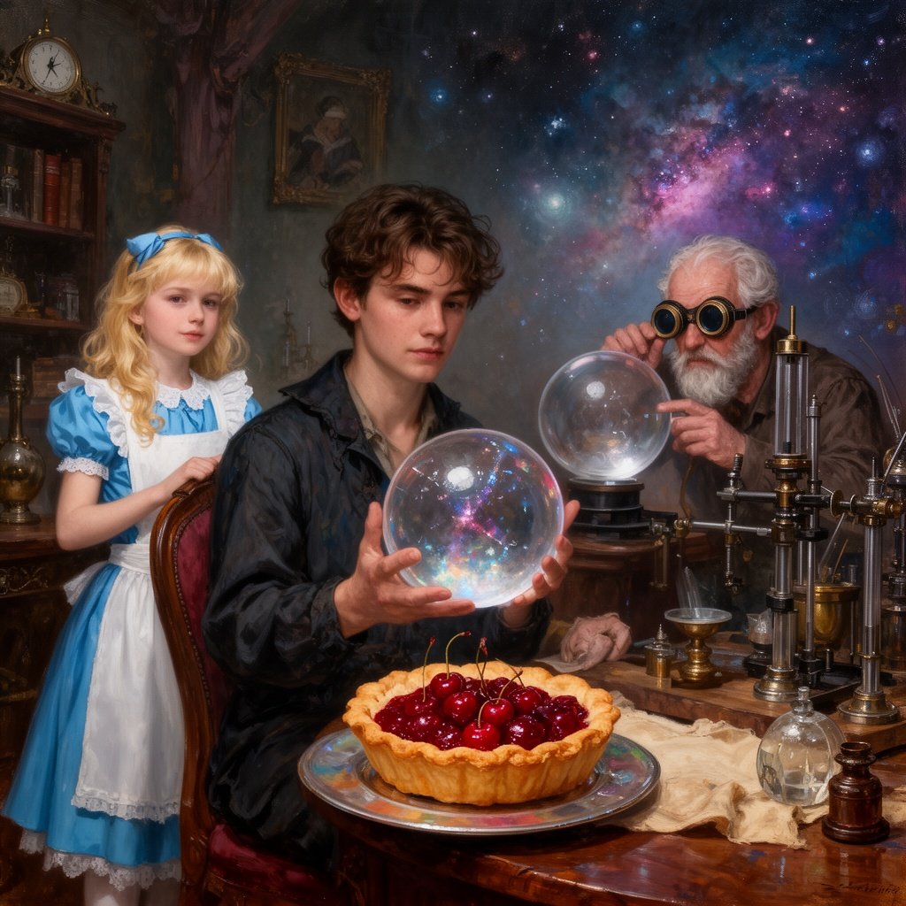 Kandinsky2.2 a hyperrealistic, 8K resolution, cinematic lighting, shot on 35mm lens, f/1.8, high contrast, crisp, clear, no blur, photorealistic, intricate detail, texture, 8k, RTX on, dramatic studio lighting sharp focus, cosmic symbolist and ultra-mysterious and mystical and hyper Neo-surrealist painting in the style of Jane Brike A magic realism, cosmic symbolist and ultra-mysterious and mystical and hyper Neo-surrealist, psychedelic painting in the styles of :Hieronymus Bosch, Benozzo Gozzoli, Agostino Arrivabene, Rob Dave McKean, Easo Andrew’s, Umberto boccioni, victor moscoso, Lou Brooks,Neon Park,MicHaggerty, Peter Max, Peter Blake, young man wearing X-ray specs fortune teller with a crystal ball stares into it with raised eyebrows and A decadent cherry tart done in a Rene Magritte and Wayne Thiebaud surreal style , rendered in an impressionist style with soft brushstrokes and vivid, expressive colors, capturing a contemplative incredible blue eyes and introspective mood, smiling at the camera, 1950s or 1960s style, studio with bold colors A blonde with long hair teenage girl 15 years old wearing an Alice blue dress with a white linen Peter Pan collar, stands beside an older man in a red outfit. The man wears blue-tinted goggles with a head mirror, adjusting a scientific instrument over a clear spherical object. Both are in a vintage, well-lit room filled with scientific equipment and books. Visible blue eyes in the background, observing the scene