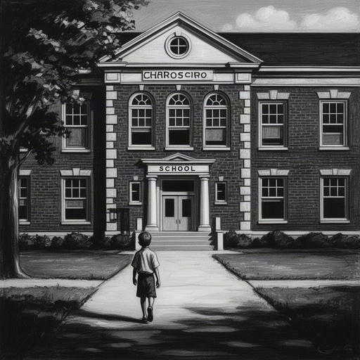 A boy walking toward a school building
