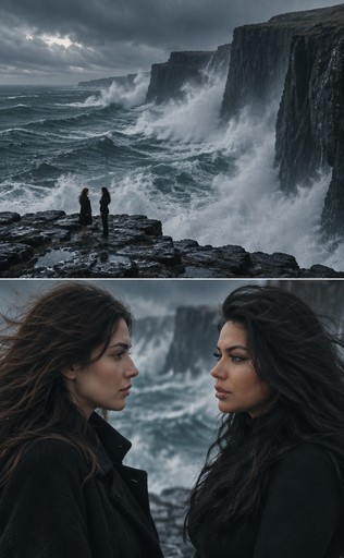 Cinematic AI artwork of two people by stormy waves and a towering dark cliff, muted colors.