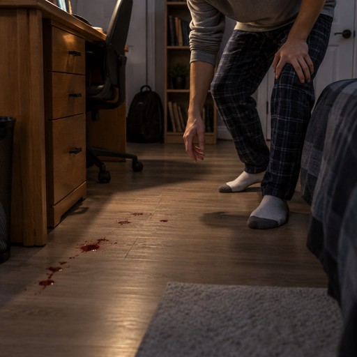 some strange red stains on the floor next to his desk. He became curious and decided to investigate where they came from (dont show the boys face)