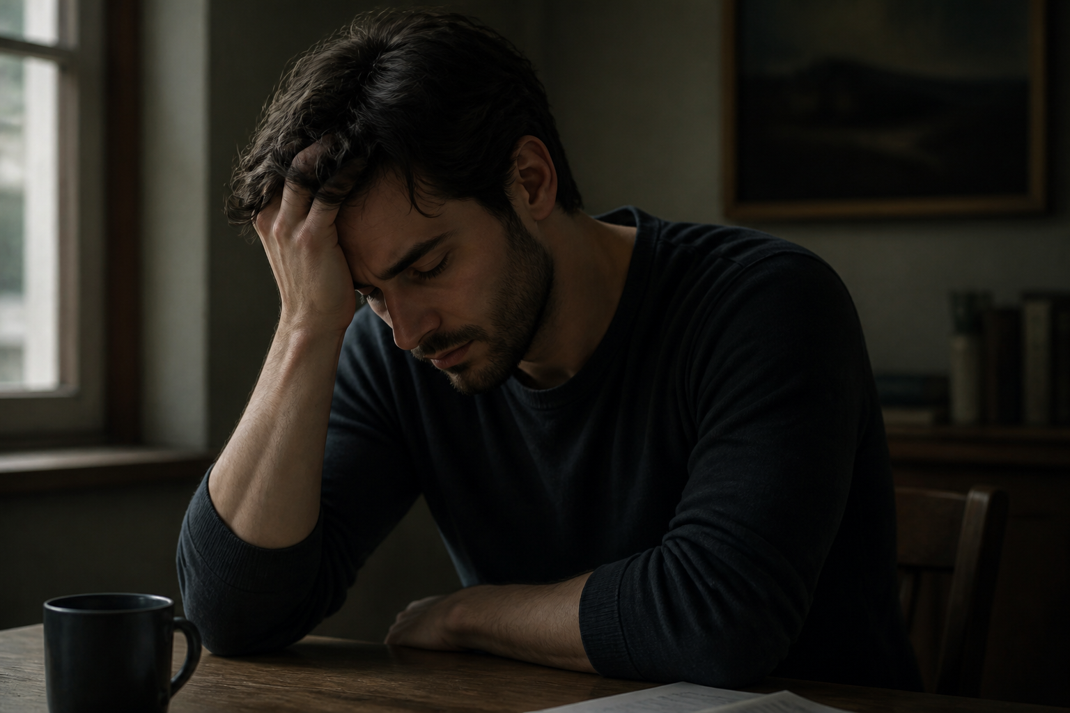 A man sitting at the table. He rested his forehead on his hand. His elbow rested on the table.