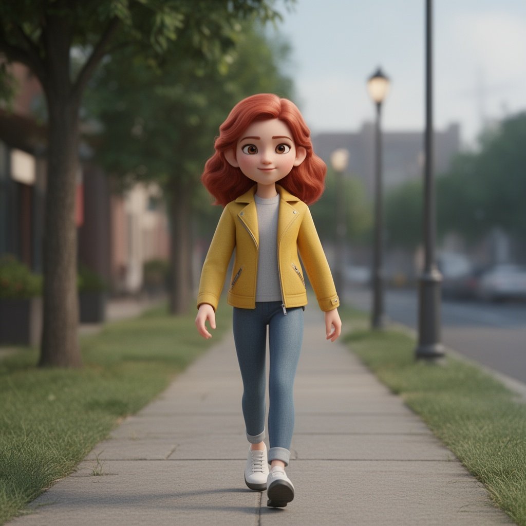 A girl with red hair wearing a yellow jacket and walking down a sidewalk