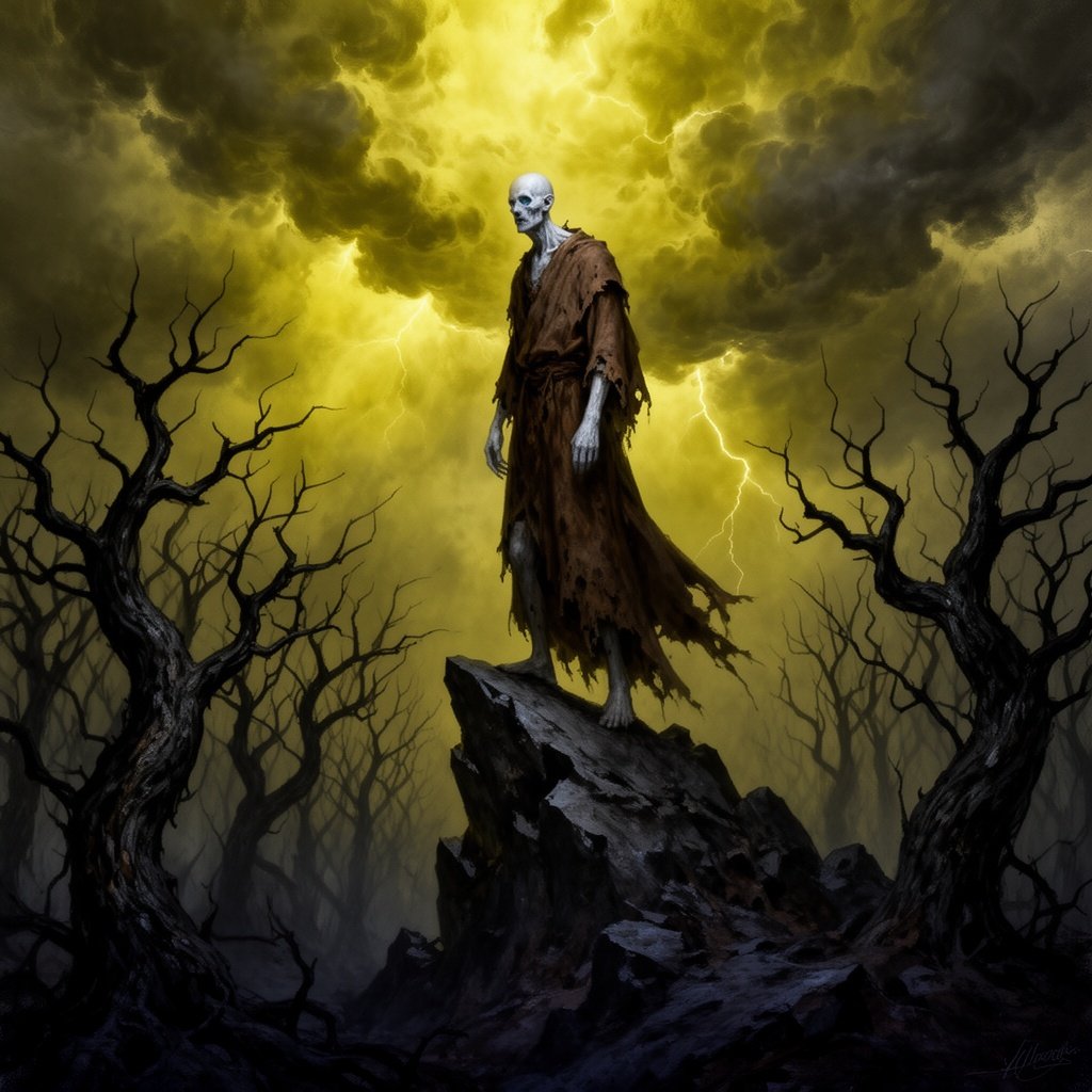 A bald man with bluish white skin wearing a brown robe and standing on top of a tall rock in a world with yellow storm clouds in the sky, and the man is above the treetops of a forest of black, leafless trees