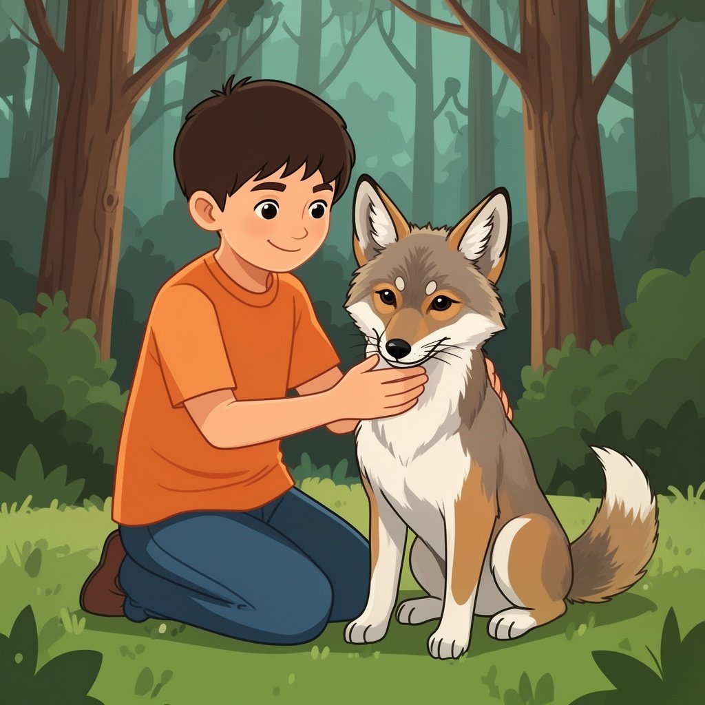 A boy petting a coyote pup in a forest
