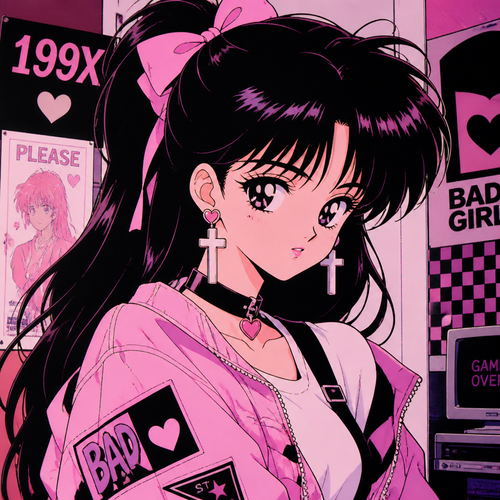 90s anime girl pink white and black 