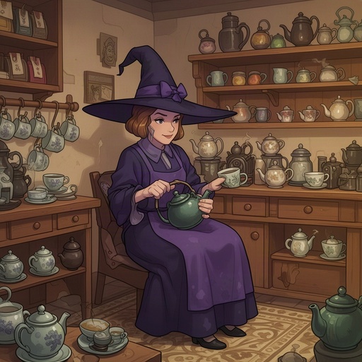 A witch working in a tea shop.