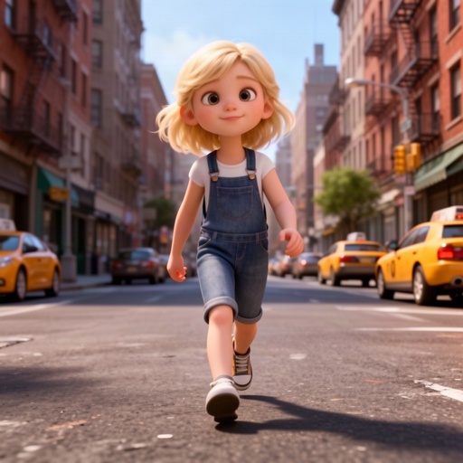 A young blonde girl walking through a city.