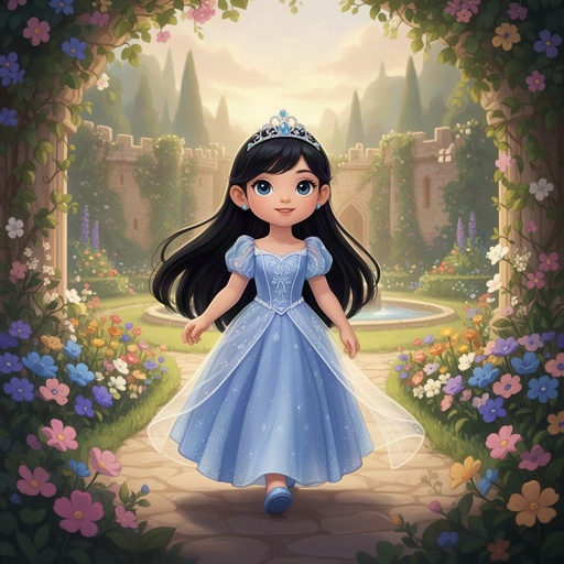 A little girl princess with long black hair walking through a royal garden