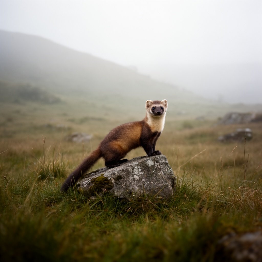 A pine marten on a rock in a grassy valley
