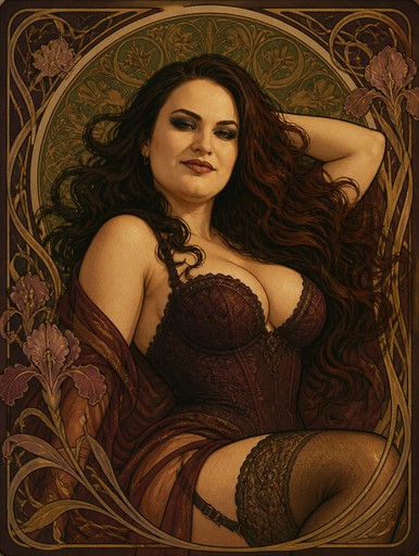 Art Nouveau portrait of a person in a burgundy dress, surrounded by ornate botanical patterns.