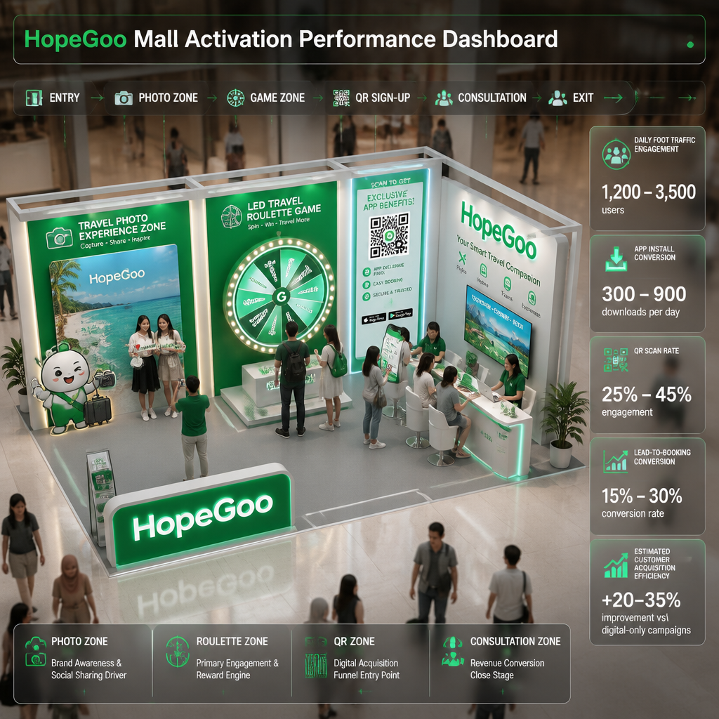 Ultra-premium investor-style architectural visualization of a fully built 20ft x 10ft HopeGoo mall activation booth located inside a modern Malaysian shopping mall atrium (Sunway Pyramid / IOI City Mall environment). The booth is presented as a cinematic hero shot from a slightly elevated isometric perspective, designed for executive pitch deck presentation.
The booth follows official HopeGoo brand identity using primary brand color #00B856 (vibrant travel green) as the dominant accent tone, combined with clean white surfaces, soft neutral grey structural elements, and subtle high-tech cyan highlights for digital screens. The visual identity reflects a modern, trustworthy, and travel-focused digital booking platform for flights, hotels, trains, and travel experiences.
The booth is fully modular and realistic, constructed using aluminum frame structures, LED panels, acrylic signage, and PVC modular boards. It includes four functional engagement zones:
Travel Photo Experience Zone with branded HopeGoo backdrop and social media props
LED Travel Roulette Game Zone with interactive reward system (G-Coins, vouchers, travel deals)
QR Code App Registration Wall linked to HopeGoo mobile app download and onboarding
Consultation & Conversion Counter for staff-assisted travel package explanation and booking guidance
The layout is designed with a clear customer journey flow: ENTRY → PHOTO → GAME → QR SIGN-UP → CONSULTATION → EXIT.
The environment is a bright, premium Malaysian mall interior with realistic ceiling lighting, polished reflective flooring, and light natural crowd movement to simulate real activation performance.
Add cinematic depth of field focusing sharply on the booth while keeping background shoppers softly blurred to enhance subject emphasis.
📊 KPI OVERLAY (CLEAN INVESTOR DASHBOARD UI)
Overlay a minimal, semi-transparent corporate analytics interface in HopeGoo brand style:
🎯 Top Header:
“HopeGoo Mall Activation Performance Dashboard”
📈 KPI Cards (Right Side Floating UI):
Daily Foot Traffic Engagement: 1,200 – 3,500 users
App Install Conversion: 300 – 900 downloads per day
QR Scan Rate: 25% – 45% engagement
Lead-to-Booking Conversion: 15% – 30%
Estimated Customer Acquisition Efficiency: +20–35% improvement vs digital-only campaigns
🧭 Zone Performance Tags:
Photo Zone → “Brand Awareness & Social Sharing Driver”
Roulette Zone → “Primary Engagement & Reward Engine”
QR Zone → “Digital Acquisition Funnel Entry Point”
Consultation Zone → “Revenue Conversion Close Stage”
🎨 VISUAL DESIGN SYSTEM
Primary Brand Color: #00B856 (HopeGoo Green)
Secondary Palette: White, light grey, soft neutral tones
Accent Highlight: Soft cyan for digital UI glow
Style: Premium corporate + travel-tech activation hybrid
Lighting: Natural mall lighting + soft global illumination
Materials: brushed aluminum, matte PVC, glossy LED screens
Rendering Style: Octane / Unreal Engine quality, ultra realistic
Composition: centered hero booth with clean negative space for UI overlays
Resolution: 4K ultra high definition, pitch deck ready
🚫 STRICT RULES
No sci-fi, no holograms, no futuristic fantasy elements
Must remain fully buildable in real-world mall conditions
UI overlays must remain minimal, clean, and corporate
No excessive neon or gaming-style visuals
Must reflect real travel commerce environment (booking + conversion focused)