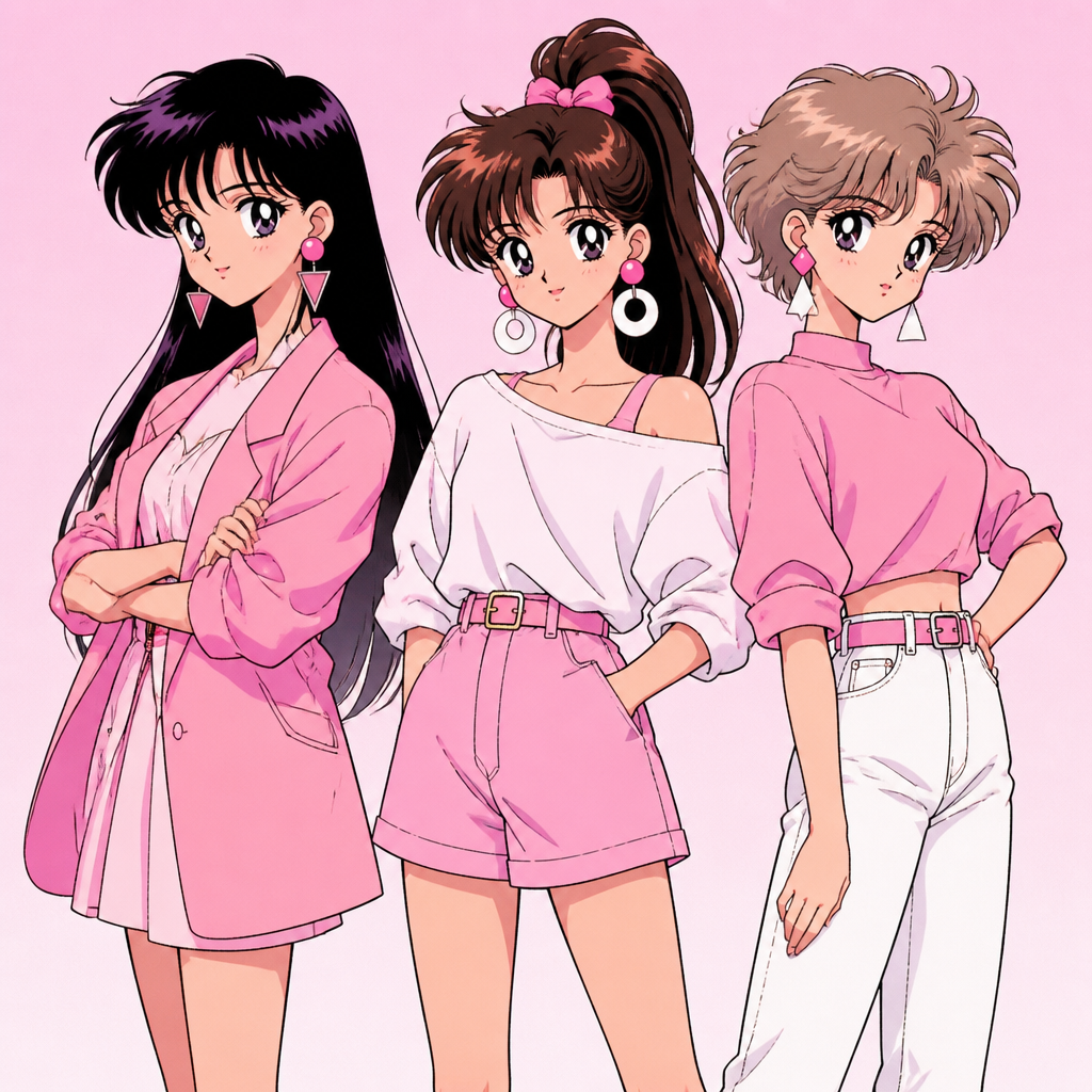 Anime girls earrings 90s anime pink and white 3 girls standing up