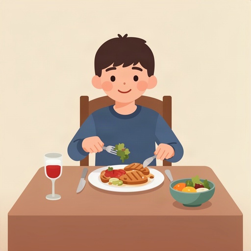 A boy having dinner at a table