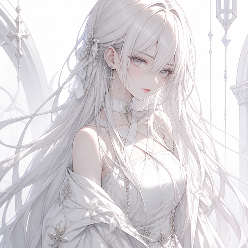 Anime girl choker earrings illustration long hair all white outfit anime style illustration vibes 
