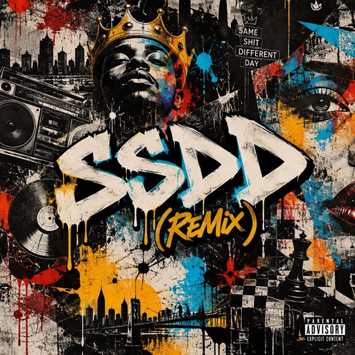 Fun Hip hop themed album cover titled: SSDD (Remix); abstract art, high resolution