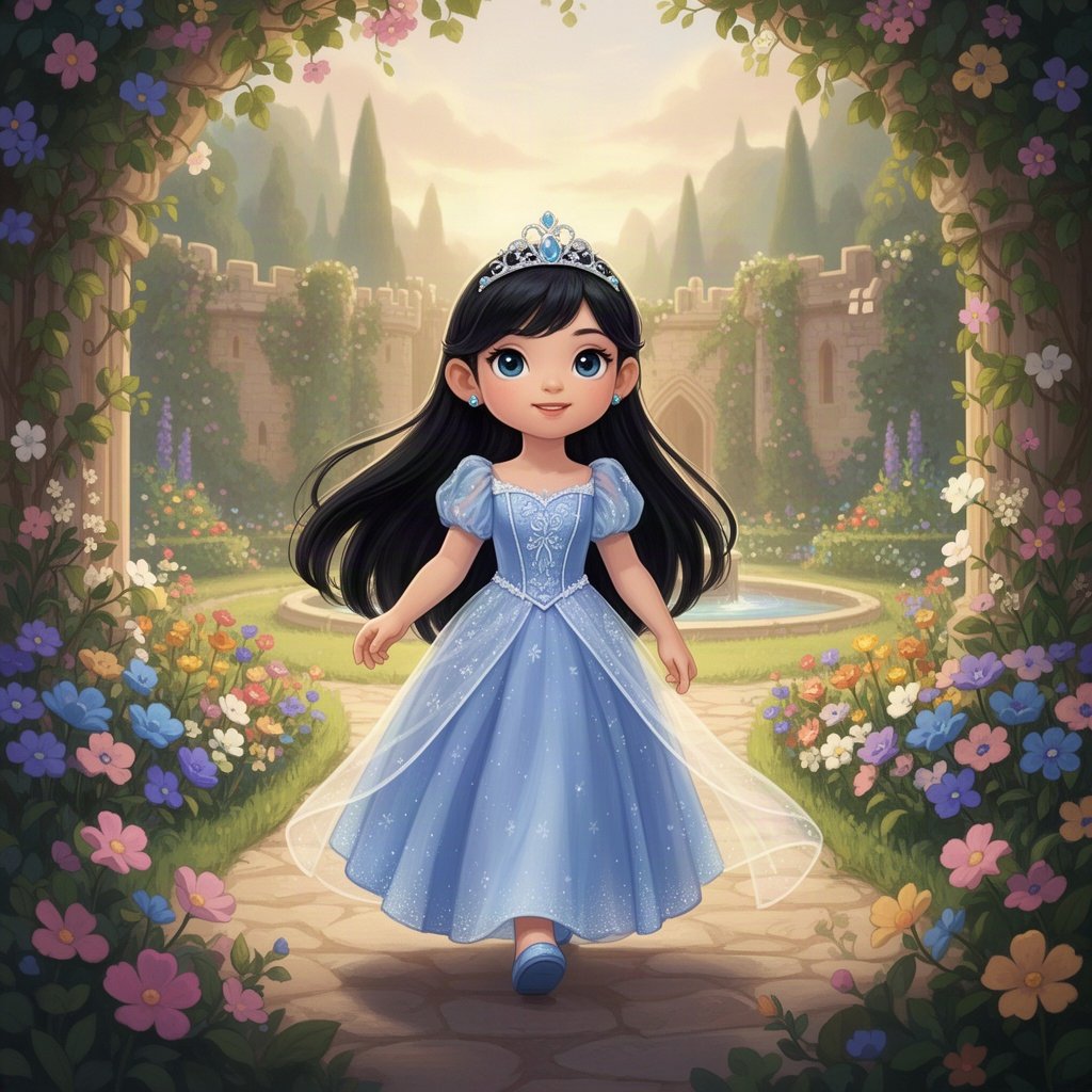 A little girl princess with long black hair walking through a royal garden