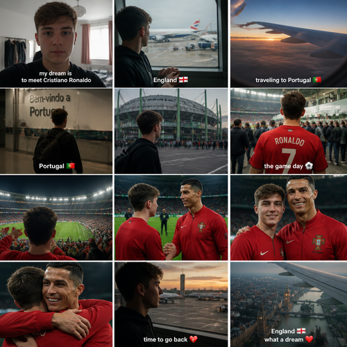 Turn this photo into a realistic video. Show the person traveling by airplane from England to Portugal to meet Cristiano Ronaldo. Then show them attending a football match where Ronaldo is playing. During the match, have the person meet Ronaldo, take a photo together, and hug Ronaldo. After that, show the person getting back on an airplane and traveling from Portugal back to England. Make the whole video cinematic, realistic, natural, and emotional, with smooth transitions.